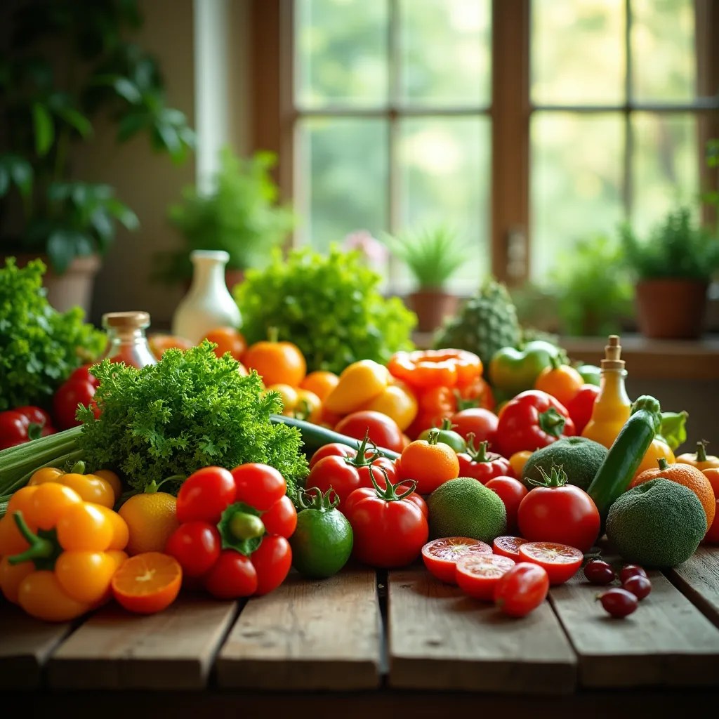 Assortiment de légumes frais et colorés sur une table en bois, symbolisant la fraîcheur et le bien-être.