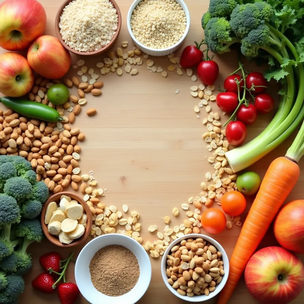 Une composition harmonieuse d'ingrédients frais et sains comme des légumes, des fruits et des céréales, sur une table en bois clair, évoquant une cuisine saine et naturelle.