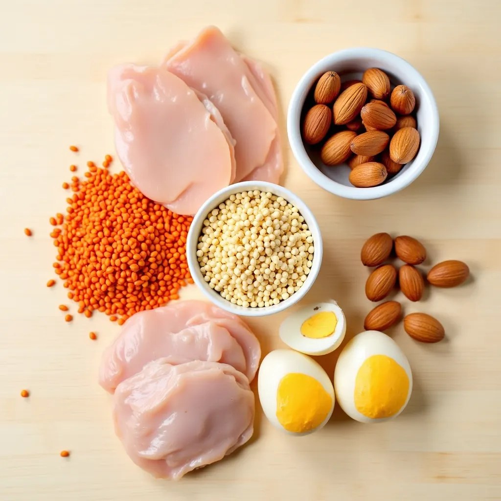 Diverses sources de protéines comme des lentilles, des œufs, du poulet et des noix, disposées sur une surface en bois clair.