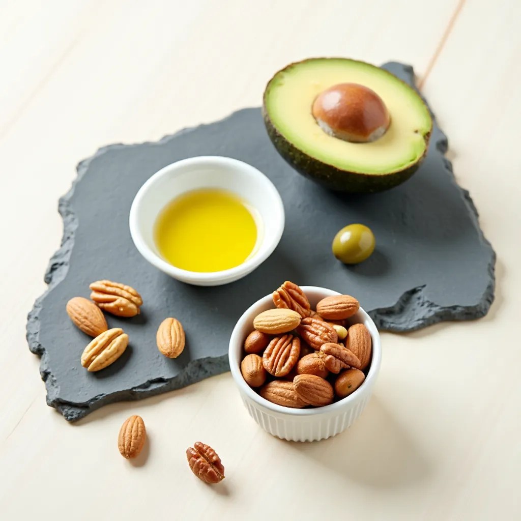 Avocats coupés, noix variées et huile d'olive, illustrant des sources saines de matières grasses.