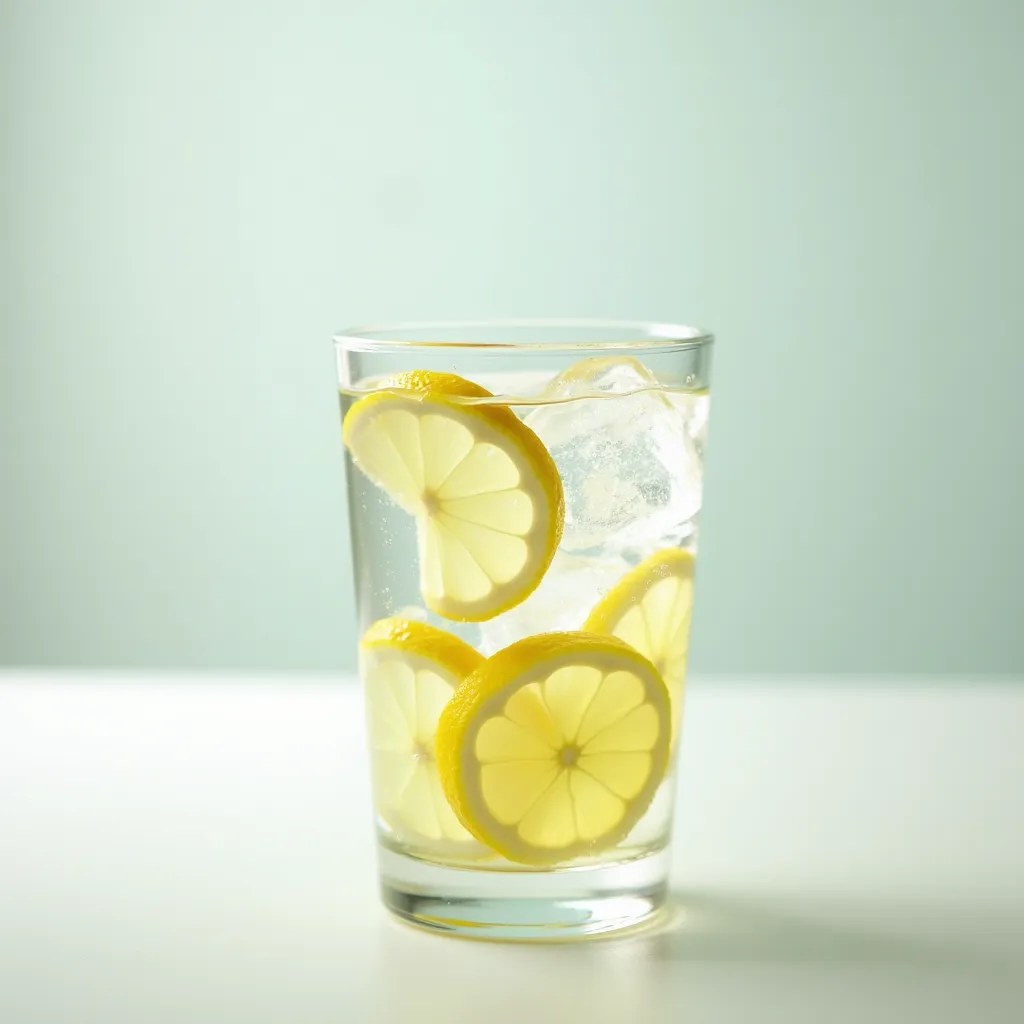 Un verre d'eau fraîche avec des tranches de citron et des glaçons, symbolisant l'hydratation et la pureté.
