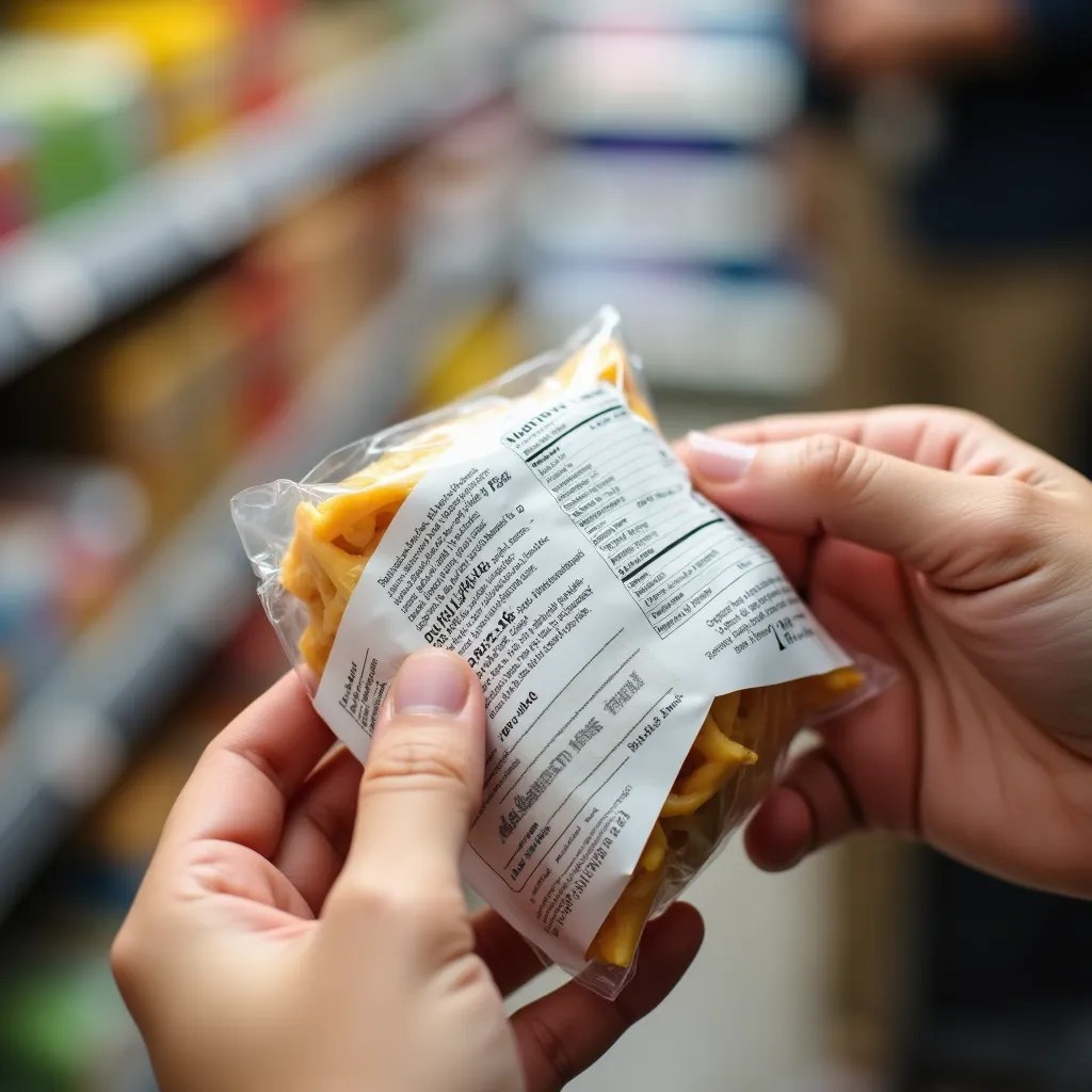 Une personne lisant attentivement une étiquette nutritionnelle sur un emballage de produit alimentaire dans une épicerie.